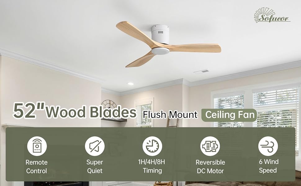 Стеляний вентилятор Sofucor з дистанційним керуванням, дерев'яний, 132 см, 6 швидкостей, DC мотор, тихий, з таймером, для спальні (без світла, монтаж врізний, натуральне дерево)