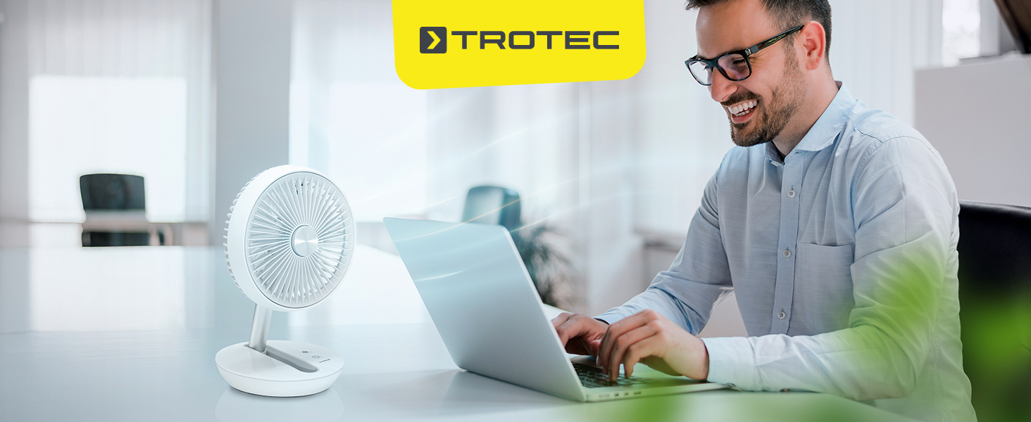 Вентилятор настільний TROTEC TVE 2 W – Тихий міні-вентилятор, 25 Вт, 2 режими, поворот на 360°, для офісу, спальні, кемпінгу, подорожей та дому – компактний, білий