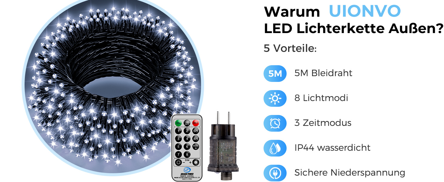 LED гірлянда на ялинку: 250 LED, тепле біле світло, 50 метрів. Водостійка гірлянда для дому та саду з 8 режимами та таймером. IP44, для прикраси на Різдво