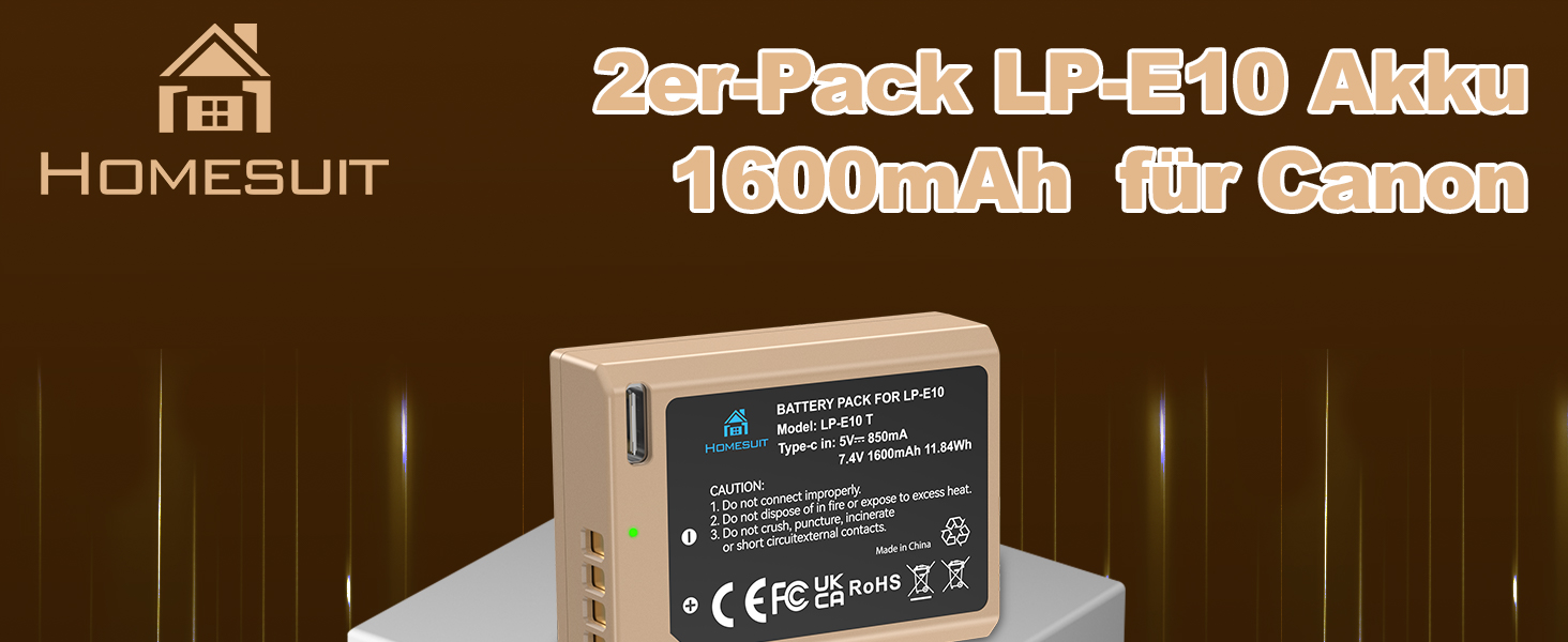 Акумулятор Homesuit LP-E10 1600mAh та LED-зарядний пристрій для Canon EOS 1100D, 1200D, 1300D, 2000D, Rebel T3, T5, T6, T7, Kiss X50, Kiss X70 (2 шт. акумулятори та 1 зарядний пристрій)