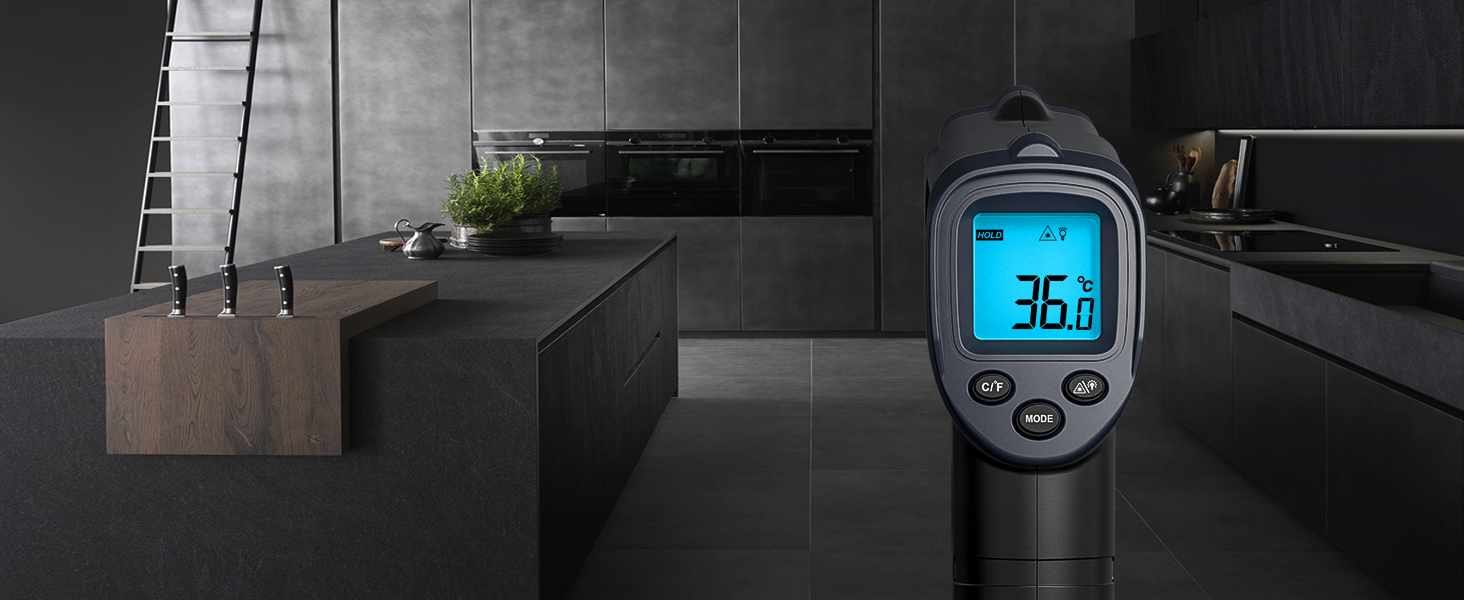 Інфрачервоний термометр ERICKHILL -50℃~600℃ безконтактний лазерний пістолет для вимірювання температури з LCD-дисплеєм, регульованою емісією - для приготування їжі/барбекю/морозильної камери/промисловості, чорний/синій, 600℃, базова версія