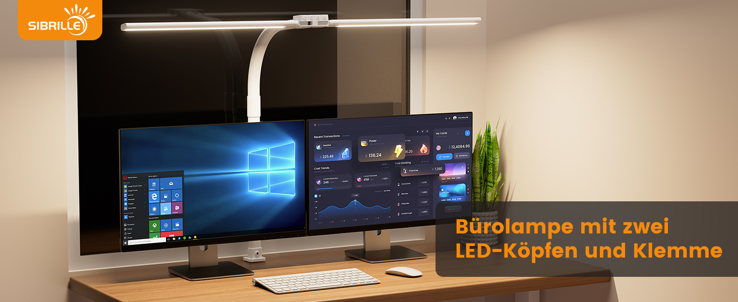 SIBRILLE Dual-Head LED Desk Lamp - Adjustable, Dimmable, Eye Protection for Office, PC, and Monitor Use