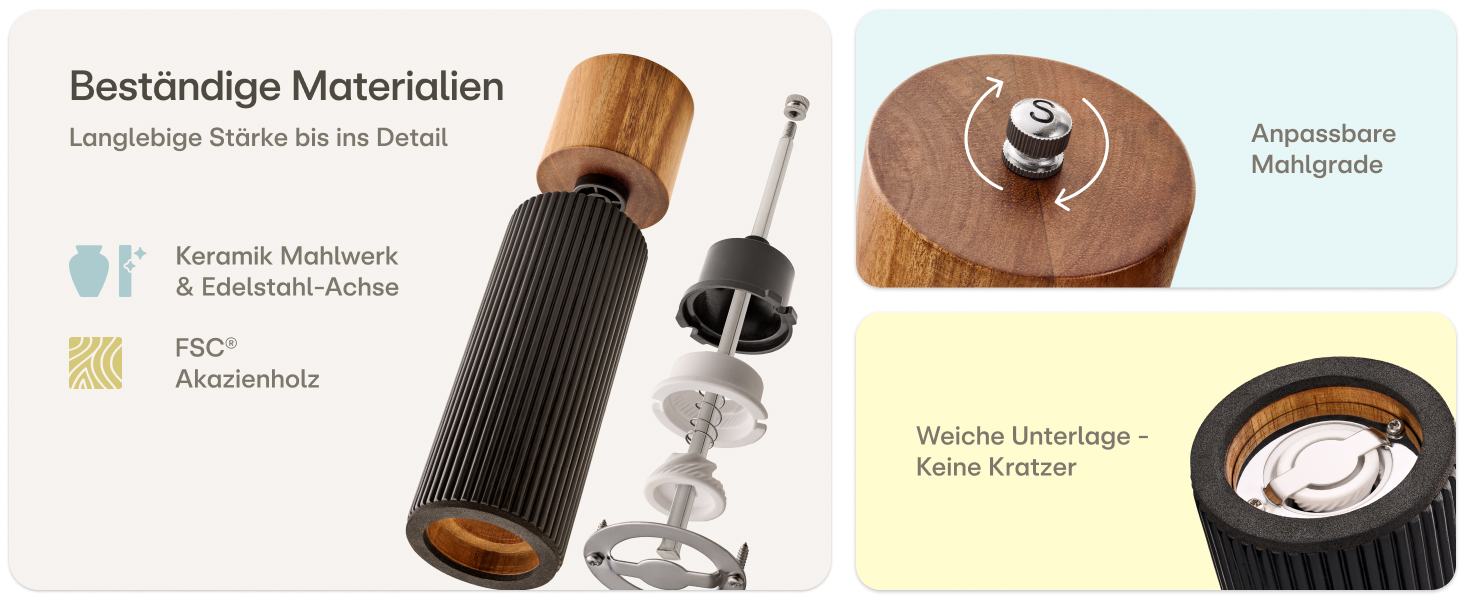 Набір для солі та перцю Praknu з акації FSC® з керамічним жорном – безступеневе регулювання та довговічність – для перцю та солі – дерев'яна млинка для спецій – набір млинок для солі та перцю – чорний – великий