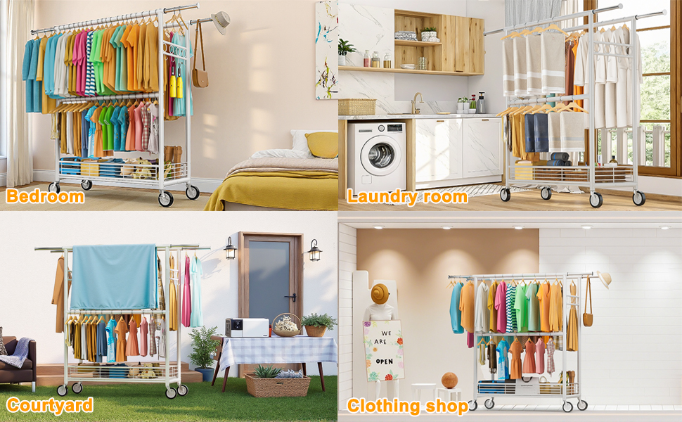 Вішалка для одягу Bomclap, міцна, на колесах, розсувна, з 3 перекладинами, 8 гачків та полицею, до 160 кг, біла