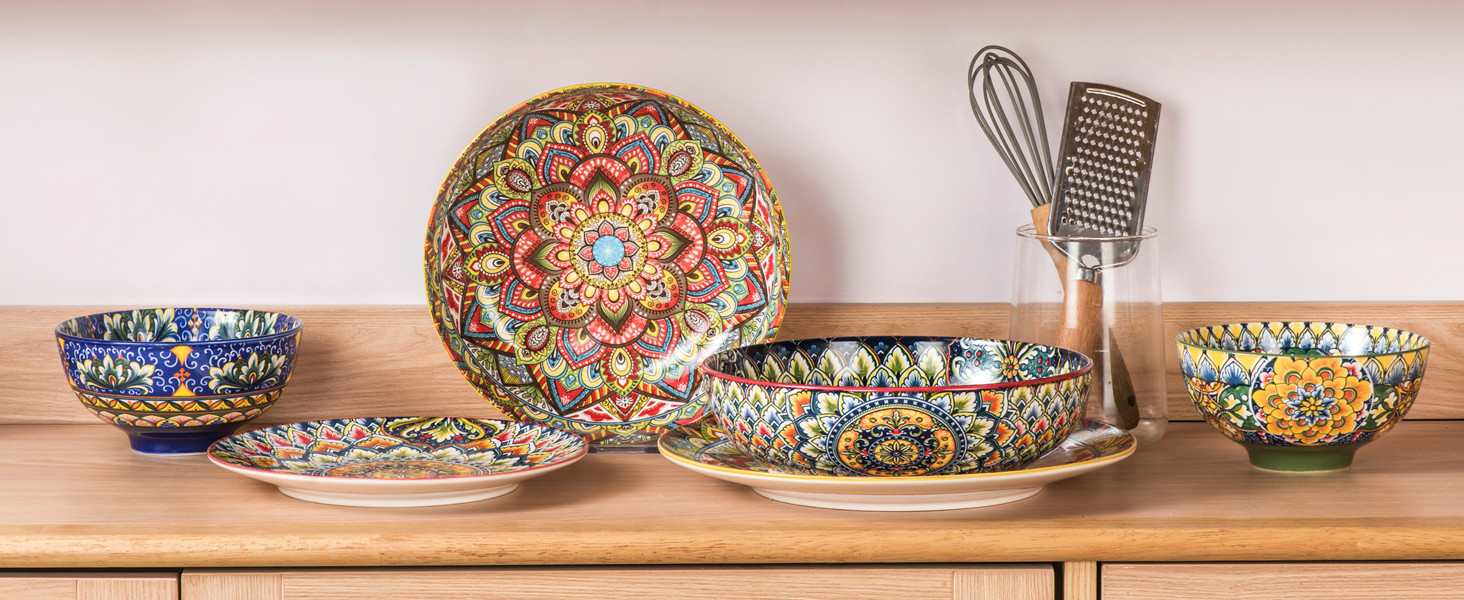 Набір тарілок Henten Home Mylo (2 шт.): супові та глибокі, 1500 мл. Тарілки для супу, пасти, салату в богемному стилі Boho, рожево-червоні відтінки