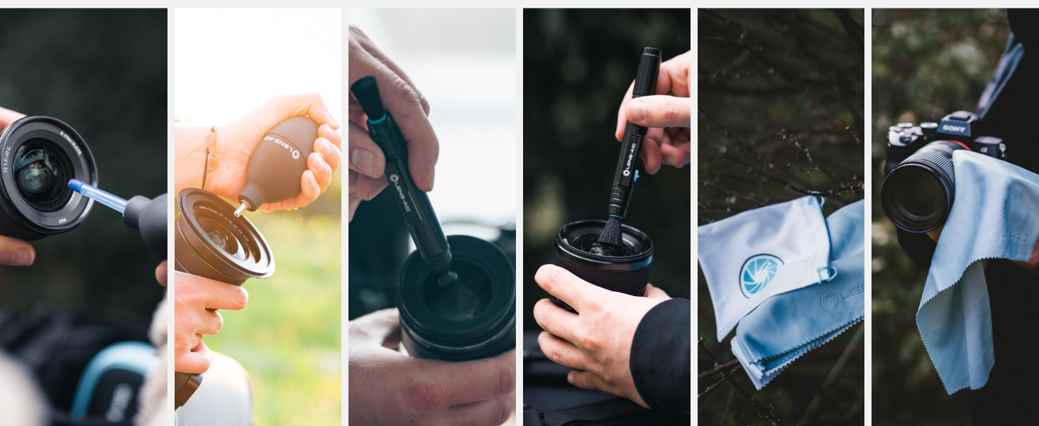 Набір для чищення камери Lens-Aid 3 в 1: повітряний насос, олівець для чищення та 5 мікрофібрових серветок. Підходить для сенсорів, об'єктивів, дисплеїв, фільтрів та оптики. Ідеальний для фотоаксесуарів та техніки.