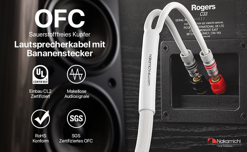 Акустичний кабель Nakamichi 12AWG з позолоченими банановими роз'ємами 24K, 3 метра, безкисневий мідний провід (OFC) в обплетенні, чорний — для домашнього кінотеатру та підсилювача
