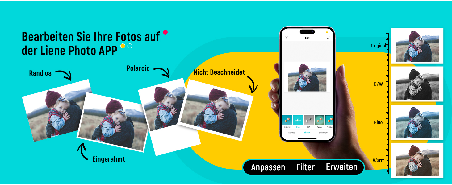 Портативний фотодрук для смартфонів Liene (10x15 см) + 2 пачки фотопаперу (20+80 аркушів), WiFi, сумісний з iPhone/Android/PC, 300 DPI, кольорова сублімація, білий