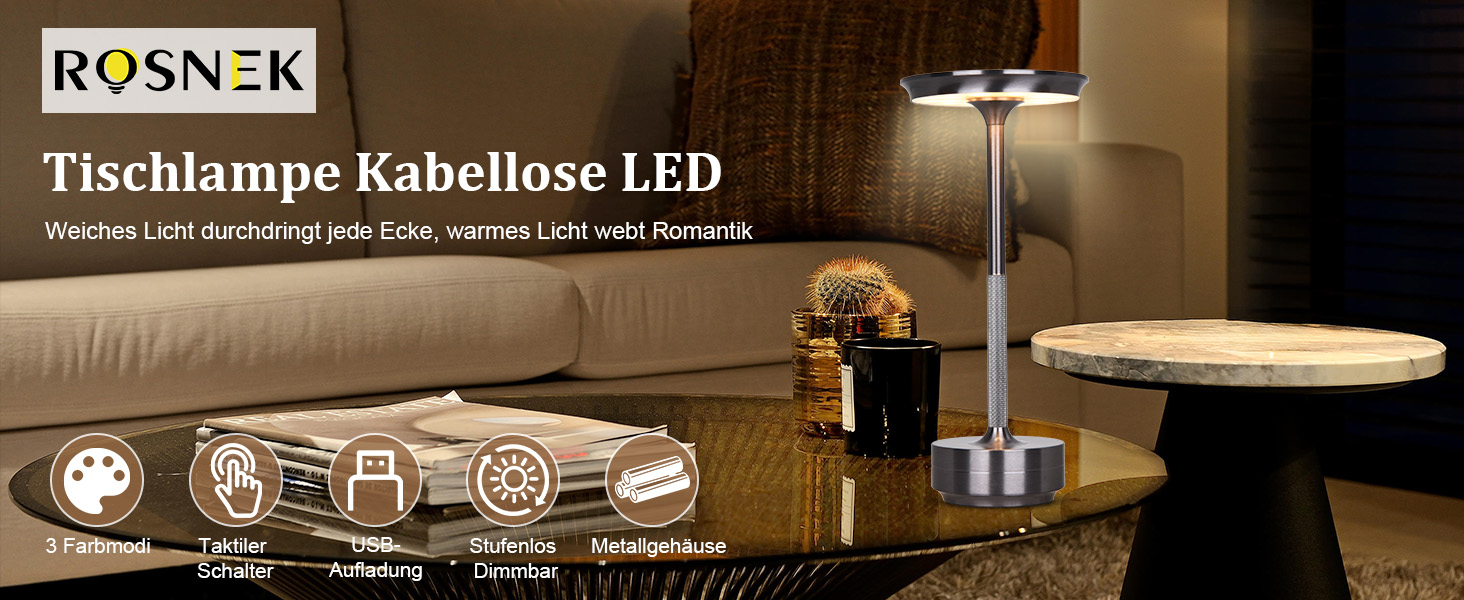 LED настільна лампа Rosnek з бездротовим живленням, 3 режими температури, регулювання яскравості, USB-C, для дому та вулиці (2 шт.)