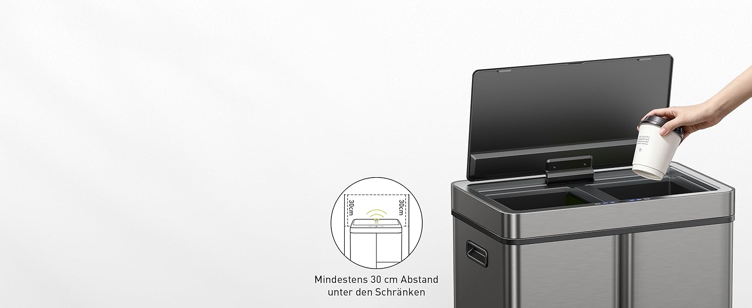 Сортувальний контейнер для сміття EKO Mirage Plus 60л (30л+15л+15л), нержавіюча сталь, сенсорний, 3 відділення, пластикові відра, автоматичний відро для кухні