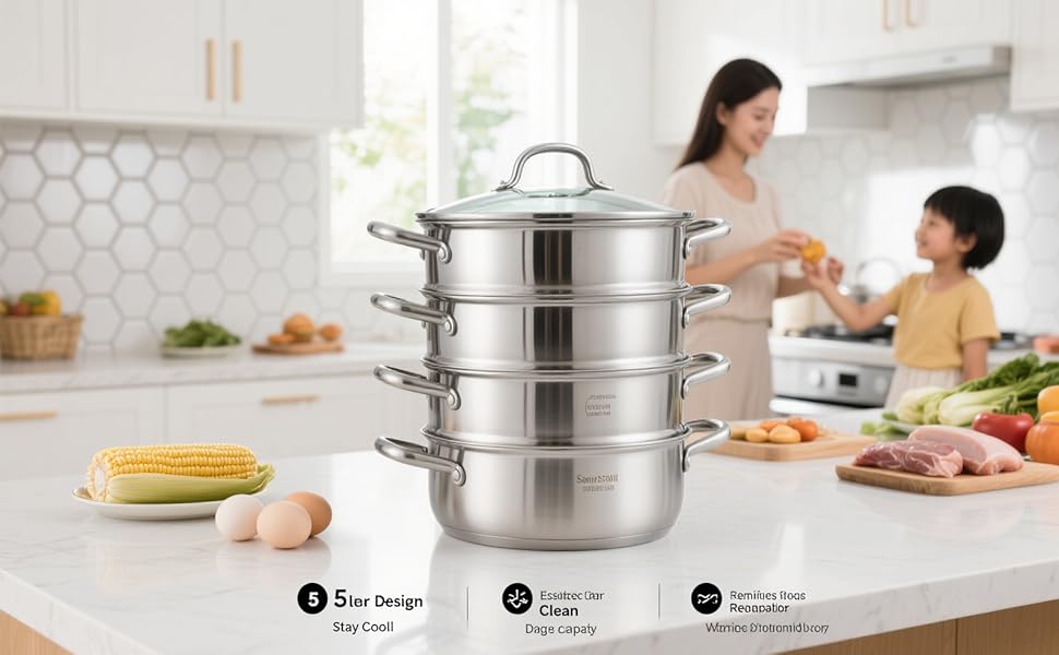 П'ятирівневий паровар Mantovarka, нержавіюча сталь, пароварка Induktion, пароварка для овочів, з кришкою з скла, підходить для всіх типів плит, пароварка Induktion