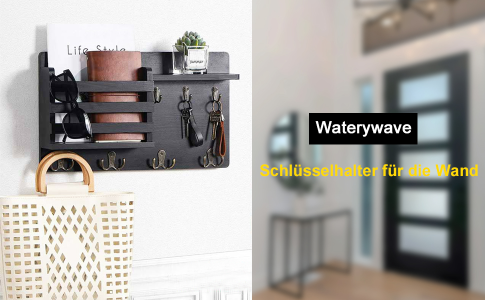 Настінна вішалка для ключів з дерев'яною поштою та полицею, ключниця на стіну, дерев'яне ключове тримач, 4 гачки, рустикальний декор для входу, передпокою, офісу, чорний