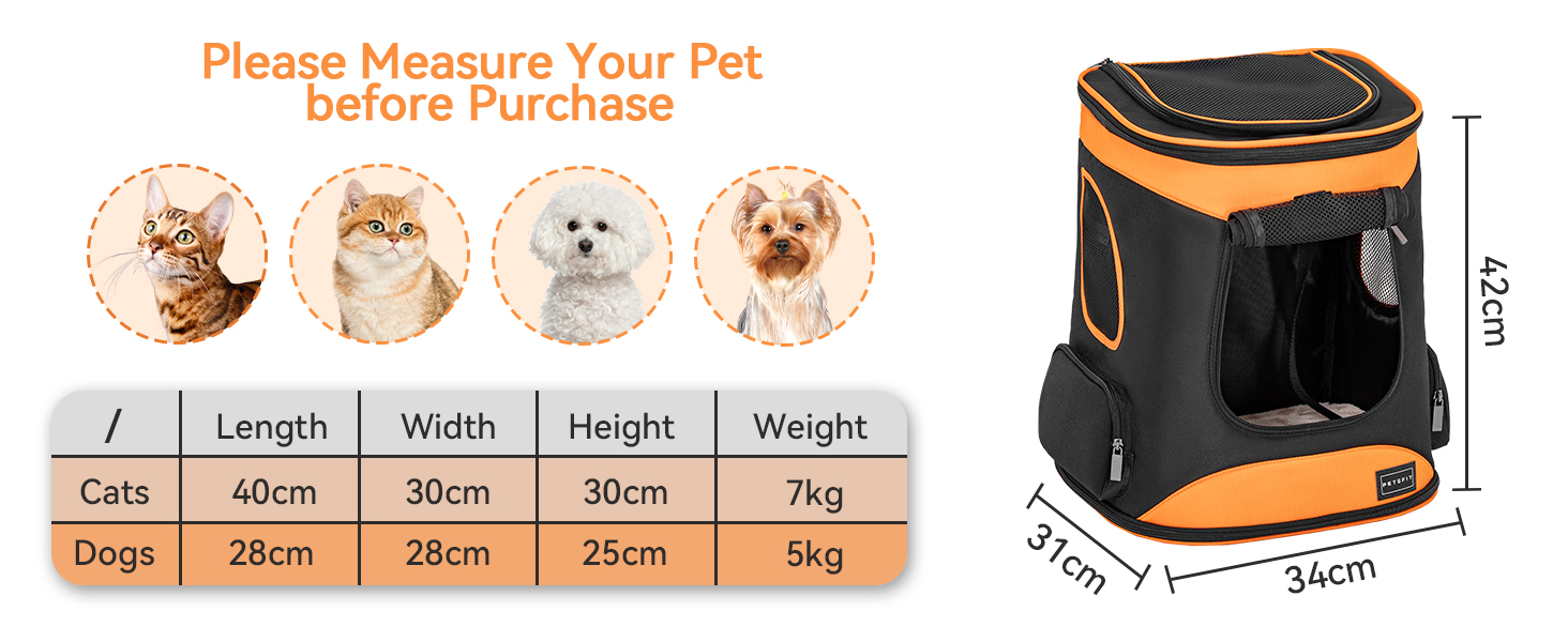 Рюкзак для кота та собаки Petsfit - зручний та дихаючий, до 5 кг, з сіткою та ременем, чорний та помаранчевий
