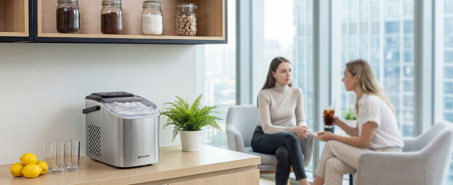 Побутова льодогенератор Wellent: Швидке виробництво льоду (12 кг/24 год), самоочищення, 2 розміри кубиків. Ідеально для дому, офісу, кемпінгу (срібний)