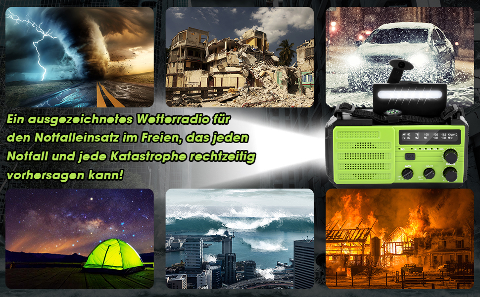 Сонячне радіо Kurbelradio 8000mAh з ручним генератором, AM/FM, LED ліхтарик, SOS, компас, IPX3, для кемпінгу та відпочинку на природі (зелене)