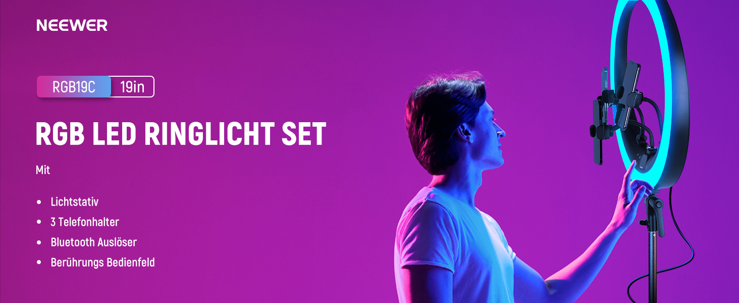 NEEWER Ringlicht RP19H 19 дюймів з триподом та 3 тримачами для телефону, RGB, 42W, CRI 97+, 2540 Lux, для стрімінгу, офісу, Zoom