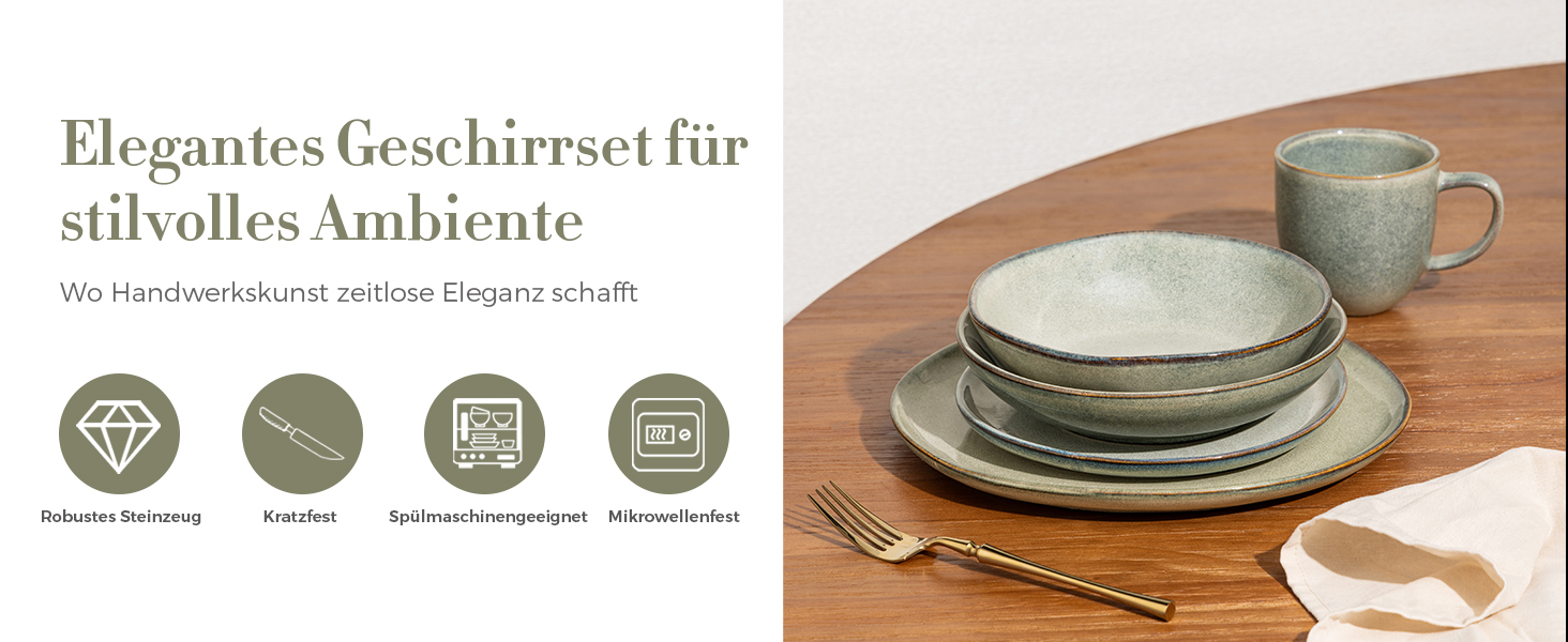 GBhome Набір глибоких тарілок з кераміки 22см (6 шт.) - для супу, пасти, салату. Стійкі до подряпин, придатні для миття в посудомийній машині та мікрохвильовій печі. Колір: Salbei (шавлія)