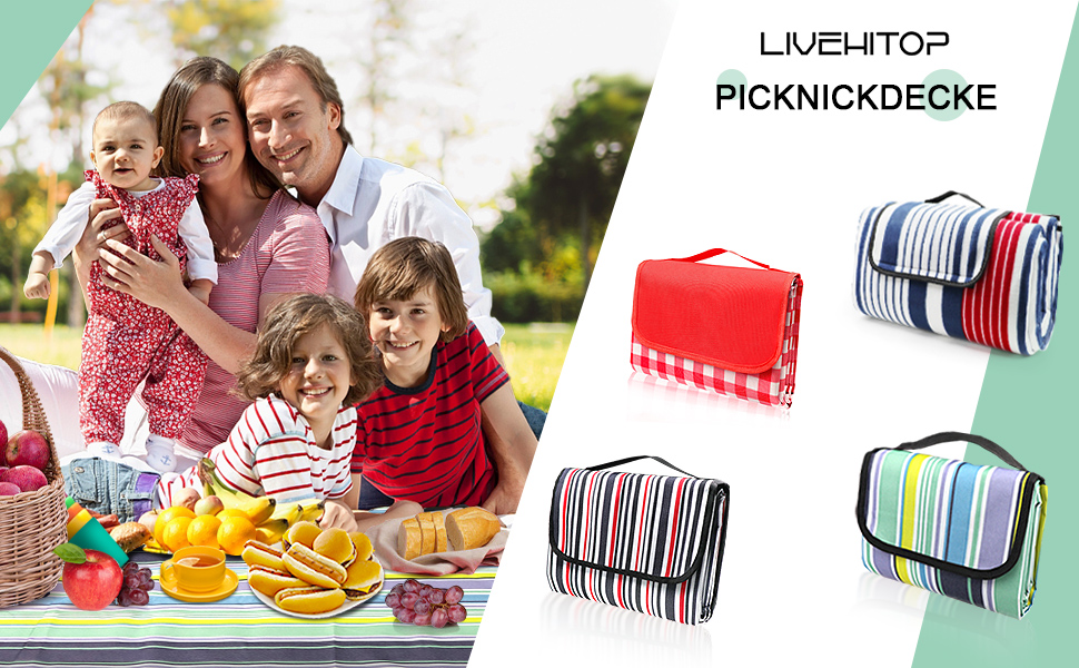 Плед для пікніка LIVEHITOP водонепроникний XXL 150x200 см, синій в смужку – для пляжу, кемпінгу, парку, барбекю