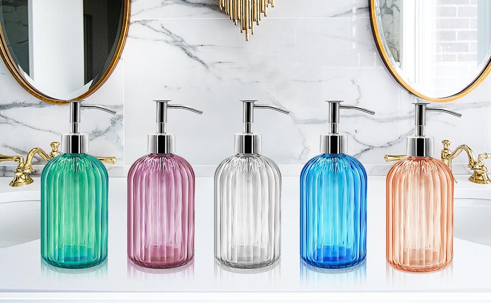 Набір з 2 скляних дозаторів для мила з помпою, 400 мл, для мила, шампуню, лосьйону, багаторазові, для кухні, ванної, пральні (темно-сірий)