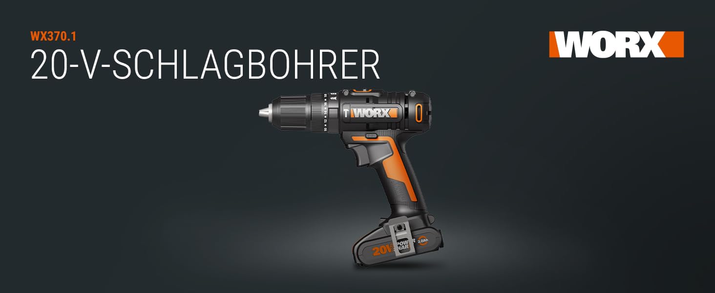 WORX NITRO WX352 акумуляторний ударний дриль-шуруповерт 20V - безщітковий двигун - для шурупування, свердління та ударного свердління - 60Nm - 2-швидкісне редуктор - з LED-підсвіткою - комплект з 2x20V 2Ah акумуляторами та 2A швидким зарядним пристроєм