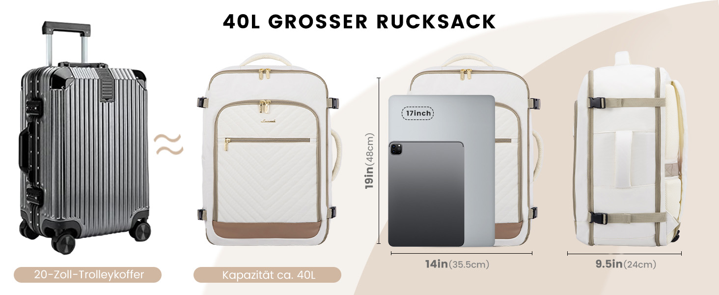 LOVEVOOK Рюкзак для ручної поклажі, 40L, жіночий, для подорожей, великий, водонепроникний, з відділенням для ноутбука 17 дюймів, валіза-рюкзак, для подорожей, роботи, бізнесу, білий, кофейний колір
