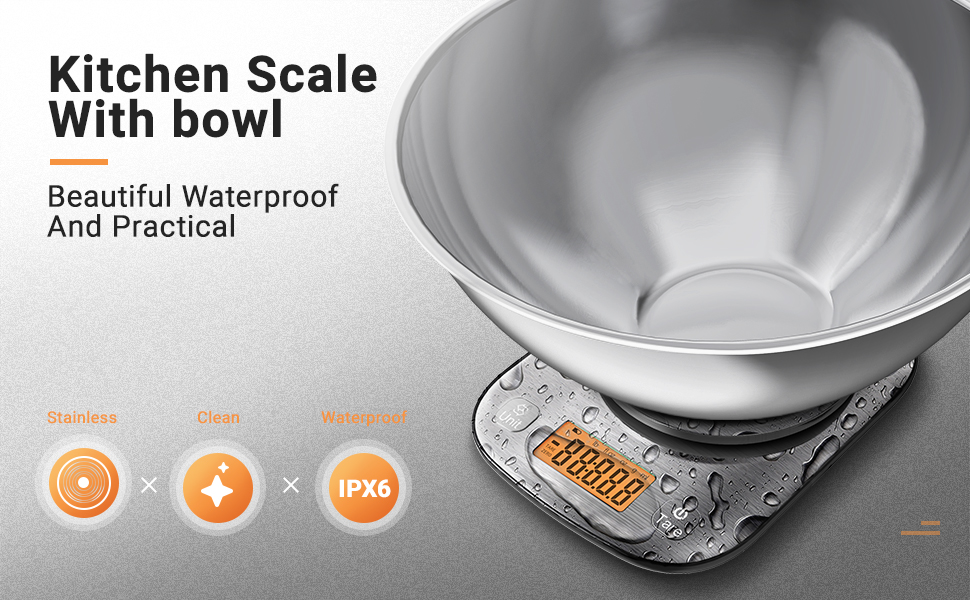 Digital Kitchen Food Scale with Bowl - Stainless Steel, 11lb/0.01oz, IPX6 Waterproof - for Baking, Cooking, Dieting