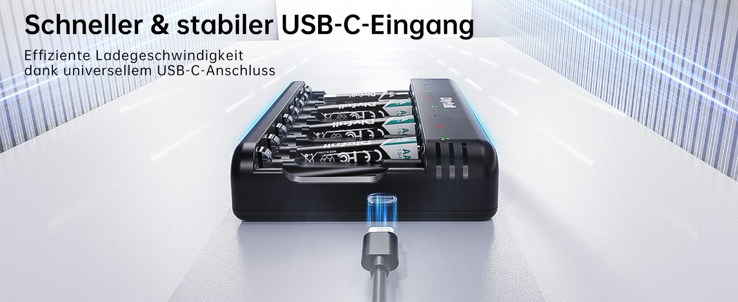 Зарядний пристрій Dlyfull для акумуляторів AAA/AA, 8-канальний зарядний пристрій з LED-дисплеєм, 5V/2A USB-C, для NI-MH/NI-CD, чорний