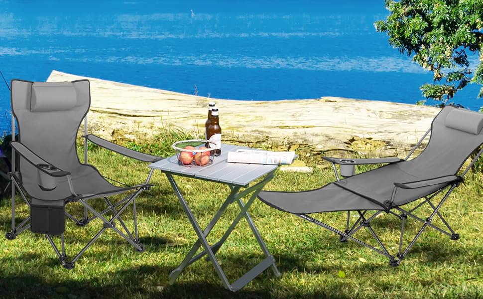 Набір кемпінгових стільців WOLTU 2 шт. з підставкою для ніг, пляжний стілець 2-в-1, вудильник, з підсклянником та сумкою для зберігання (Сірий)