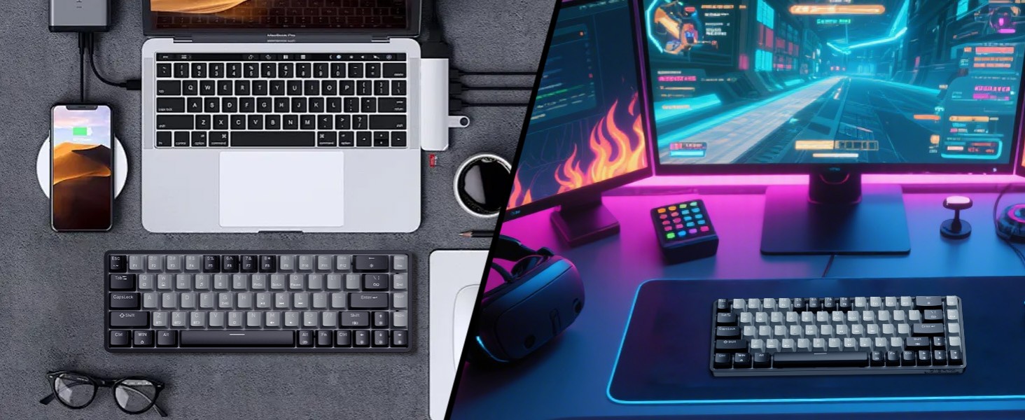 Dierya DK68 - Бездротова ігрова клавіатура з RGB підсвічуванням (68 клавіш, механічний, Linear Red Switch, QWERTY, Bluetooth/2.4GHz/USB-C)