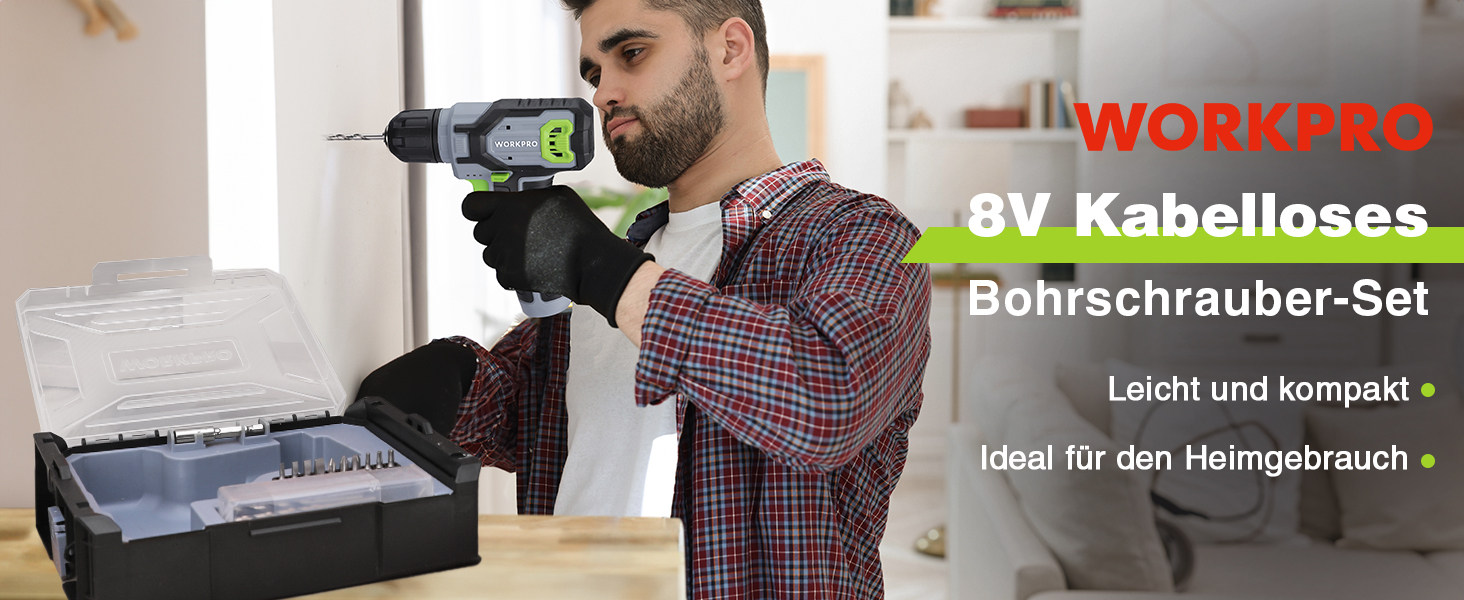 WORKPRO 8V Акумуляторний дриль-шуруповерт, комплект з кейсом, 2000 mAh, 10 мм патрон, 12 Н·м, LED, 21 шт. аксесуарів, для ремонту та DIY, сірий & зелений