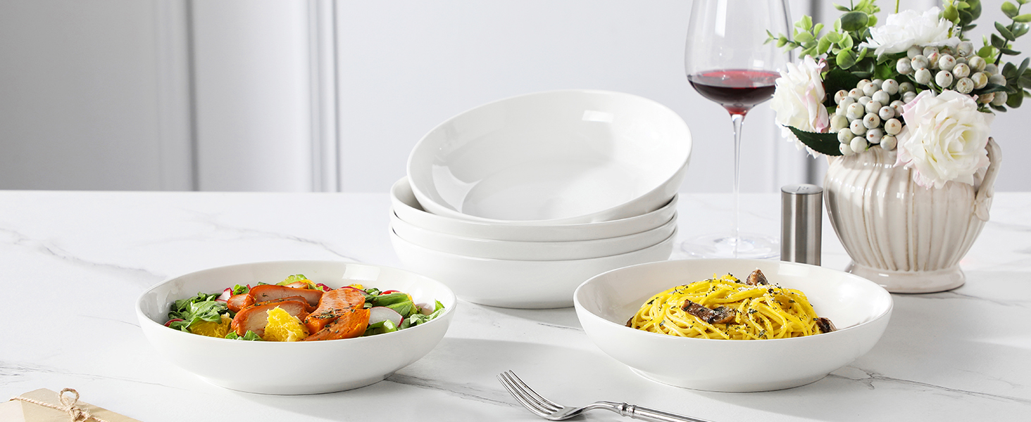 Набір посуду MALACASA, 6 предметів: тарілки для пасти, супу, салату, сервірування. Білий порцелан, 1250 мл