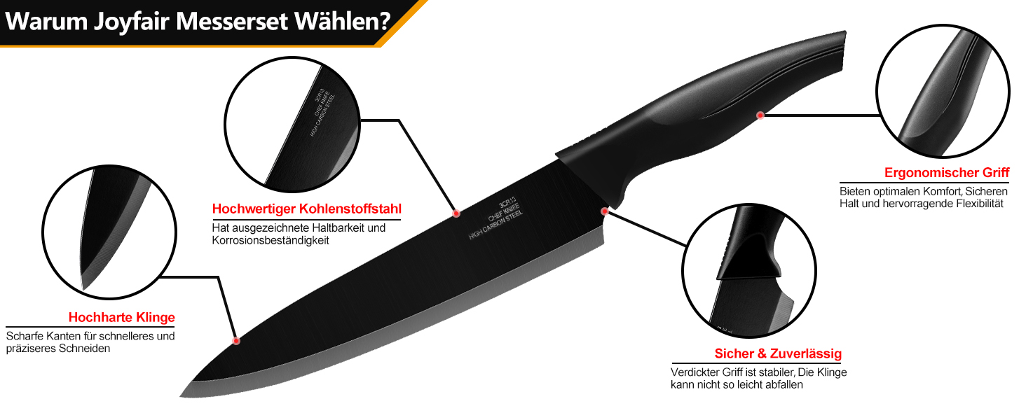 Набір ножів Joyfair 15 предметів з підставкою, з високоякісної нержавіючої сталі, з точильним каменем, кухонний набір з кухонним ножем, ножем для хліба, ножицями та ножами для нарізки та подрібнення, чорний