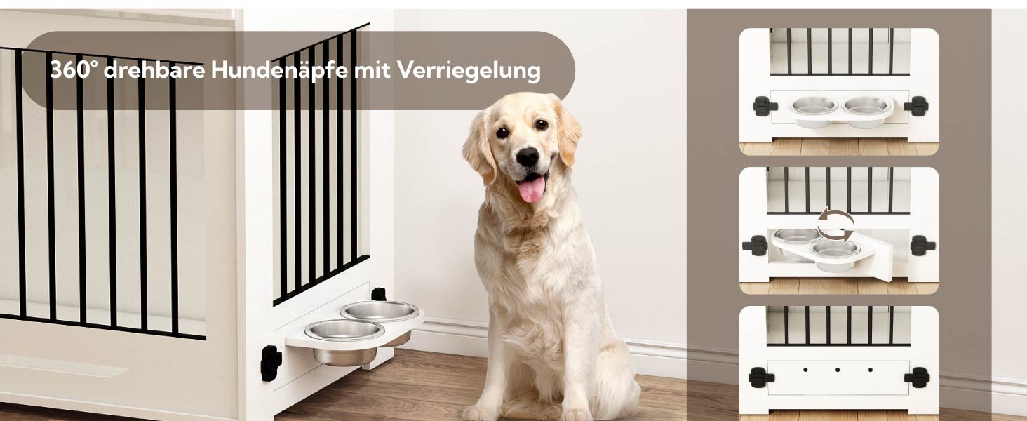 DAWNYIELD Wooden Dog Crate Furniture with Top Opening Door and Drawer - Stylish Indoor Dog Kennel End Table with 360° Swivel Dog Bowl - White
