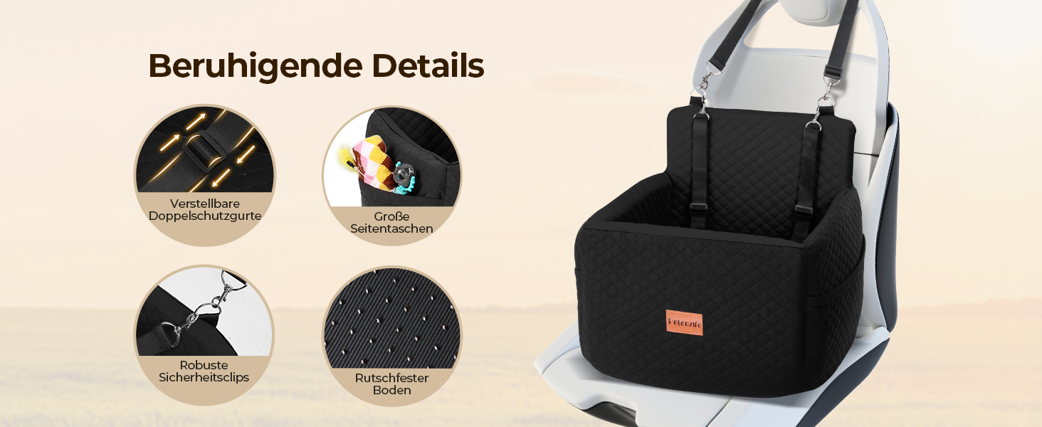 Автокрісло для собак Petcozife - чорний, для собак до 15 кг, знімний, з товстим килимком та 2 страхувальними ременями