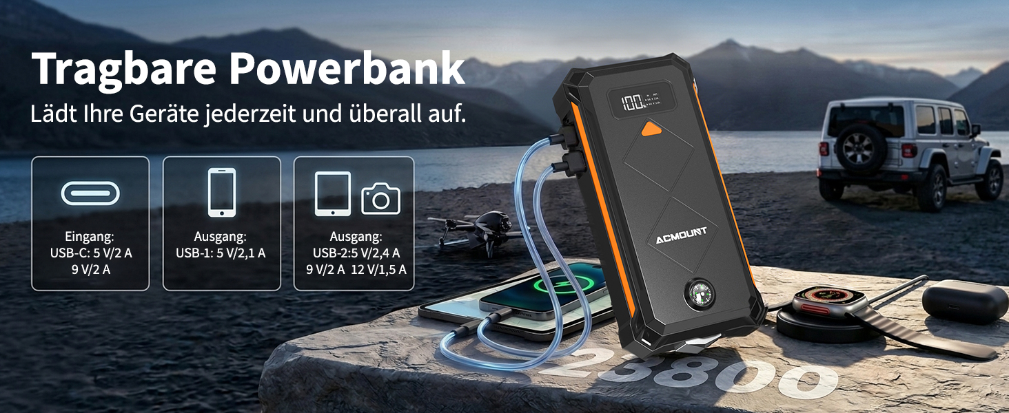Powerbank для автомобіля Starthilfe 7000A 23800mAh помаранчевий - пусковий пристрій, зарядний пристрій, ліхтарик LED для авто, мото, бензин/дизель