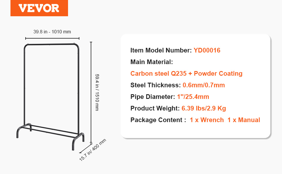 VEVOR Clothes Rack Wardrobe Rack 1 Clothes Rod, Durable Clothes Rack Black 400 x 1010 x 1510 mm Clothes Rack for Bedroom, Laundry Room, Dressing Room, Entrance, etc.