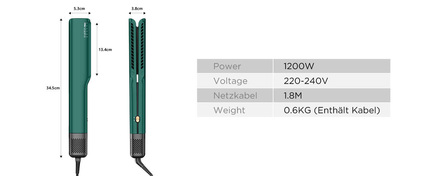 Випрямляч для волосся PARWIN PRO BEAUTY Ionen Air Glätteisen: без нагрівальних пластин, для середнього та довгого волосся (35-75 см), 1200 Вт, темно-зелений