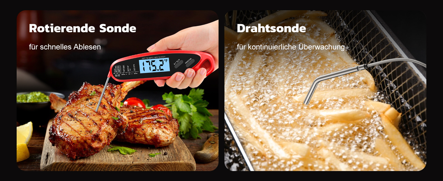 Термометр для м'яса Babacom з миттєвим відображенням та двома зондами, великим екраном, налаштуванням тривоги та калібруванням. Підходить для приготування на грилі, в духовці, для цукру та рідин.