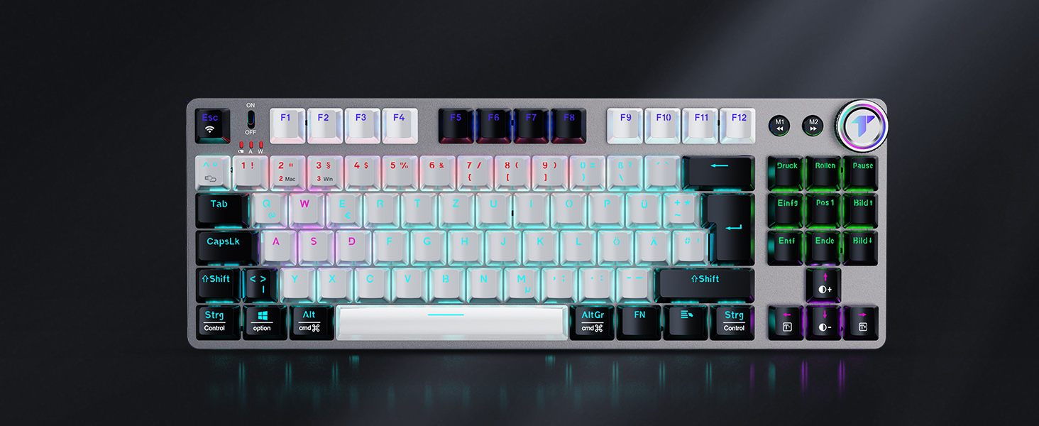 Механічна ігрова клавіатура TECURS бездротова, 80% TKL з підсвічуванням, Red Switch, QWERTZ, для ПК, ноутбука, Windows, чорно-біла