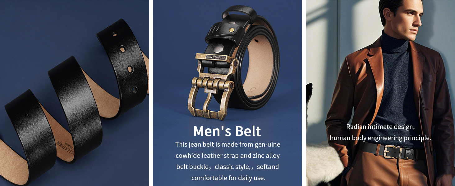 Чоловічий шкіряний ремінь BISON DENIM з класичною пряжкою, міцний, для джинсів, довжина 115 см, підходить для талії 36'-39'