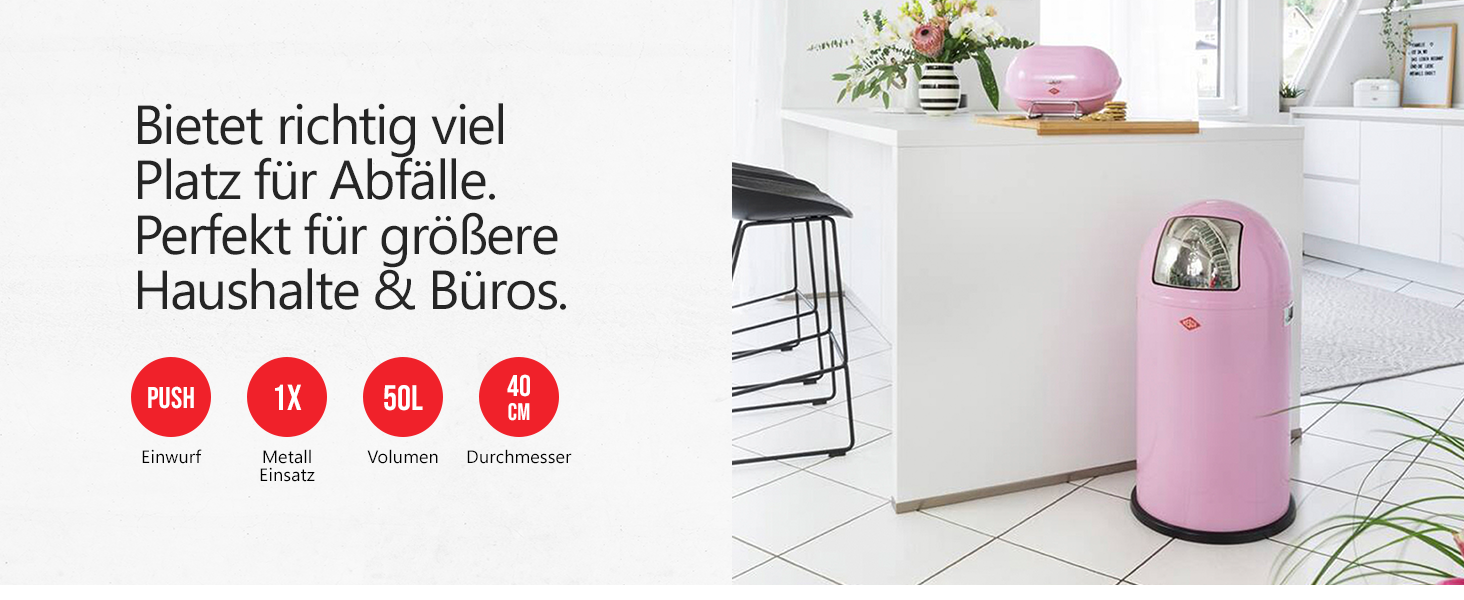 Відро Wesco Pushboy рожеве, 50 л, нержавіюча сталь, знімний внутрішній контейнер, порошкове покриття