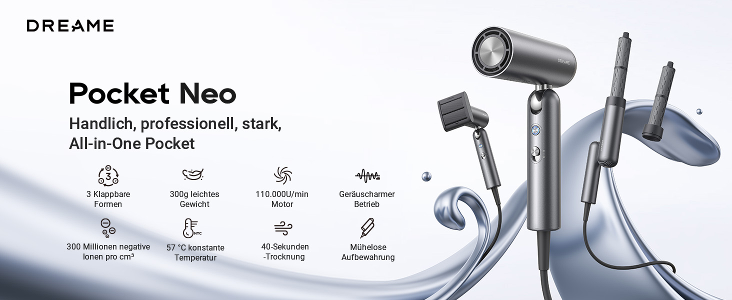 Фен Dreame Pocket Neo: легкий, потужний, з іонізацією, 57°C, сірий