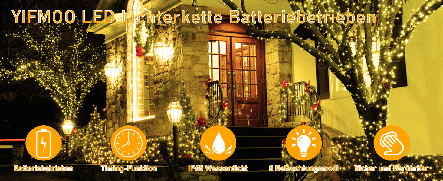 Ланцюжок прикрас для дому та саду на батарейках, 30м, 300 LED, з таймером, 8 режимів, тепле біле світло, вологостійкий, для декору кімнати, вечірки, балкону, ялинки