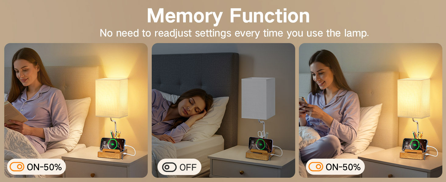 Настільна лампа світлодіодна OUTON 8000mAh бездротова з підставкою для ручок, акумуляторна, тканинний плафон, 3 режими світла, сенсорне керування, димування, індикатор заряду