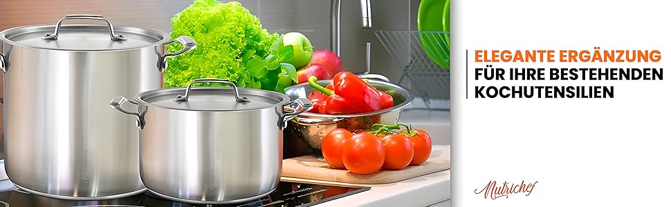 NutriChef Каструля з нержавіючої сталі 8 л 18/8 – Великий суповий та жаровий горщик з кришкою, підходить для індукції, кераміки, галогенових плит, для супів та рагу, харчова сталь, можна мити в посудомийці