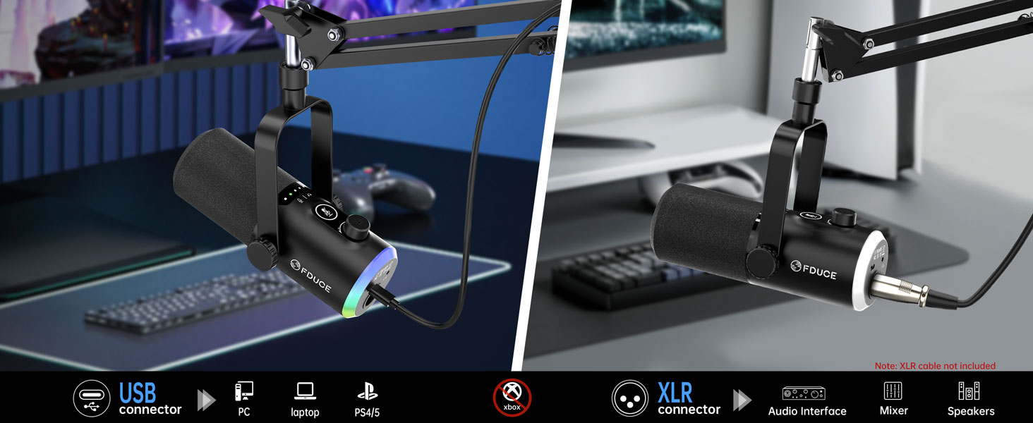 Ігровий мікрофон FDUCE з USB/XLR підключенням для запису подкастів, стрімінгу та співу з RGB-підсвічуванням, регулятором гучності та навушником, з кріпленням-жабою (D30+)