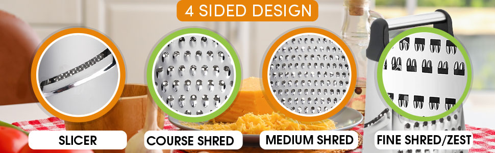 Нержавійна тертка з 4 сторонами для кухні: грубе та дрібне тертя, для овочів, фруктів, сиру, придатна для миття в посудомийній машині (чорний)