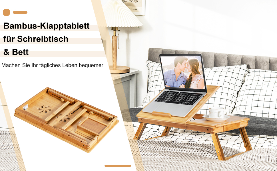 Столик для ноутбука COSTWAY з бамбука, регульований по висоті та куту нахилу, з вентиляцією, з ящиком, складний, для роботи та відпочинку, 53 x 33 x 20-26,5 см (натуральний бамбук)