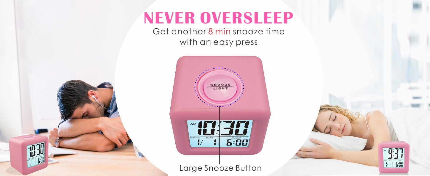 Цифровий туристичний годинник Plumeet з будильником, софт-нічником та великим дисплеєм, рожевий