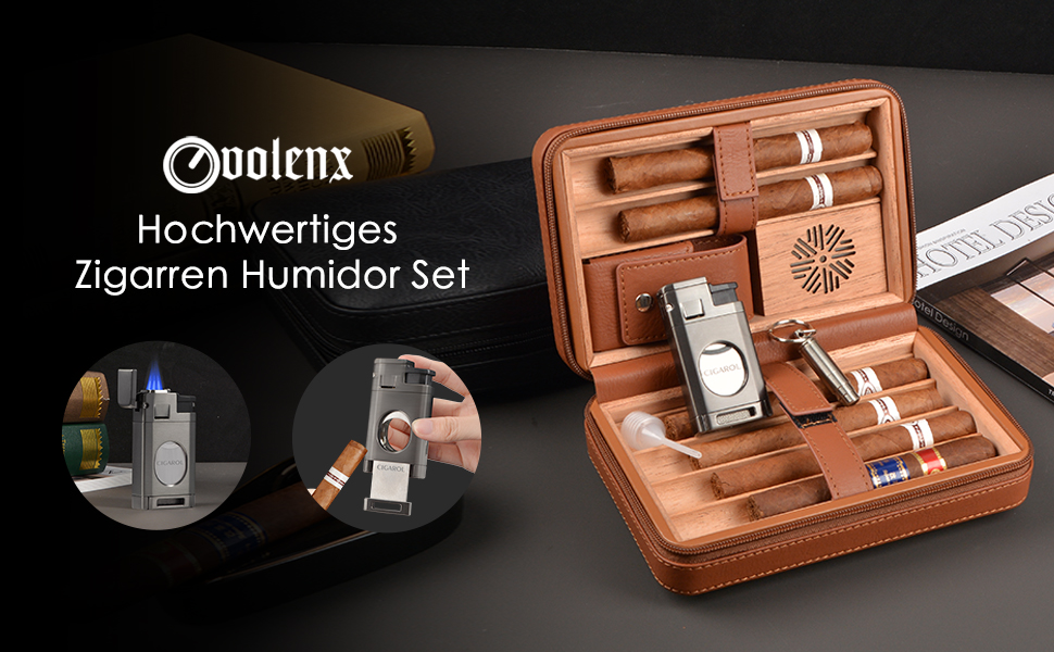 Чохол для сигар з шкіри, вологомір та запальничка 3-в-1, портативний, на 6 сигар, плоский різак, аксесуари, подарунок (чорний)